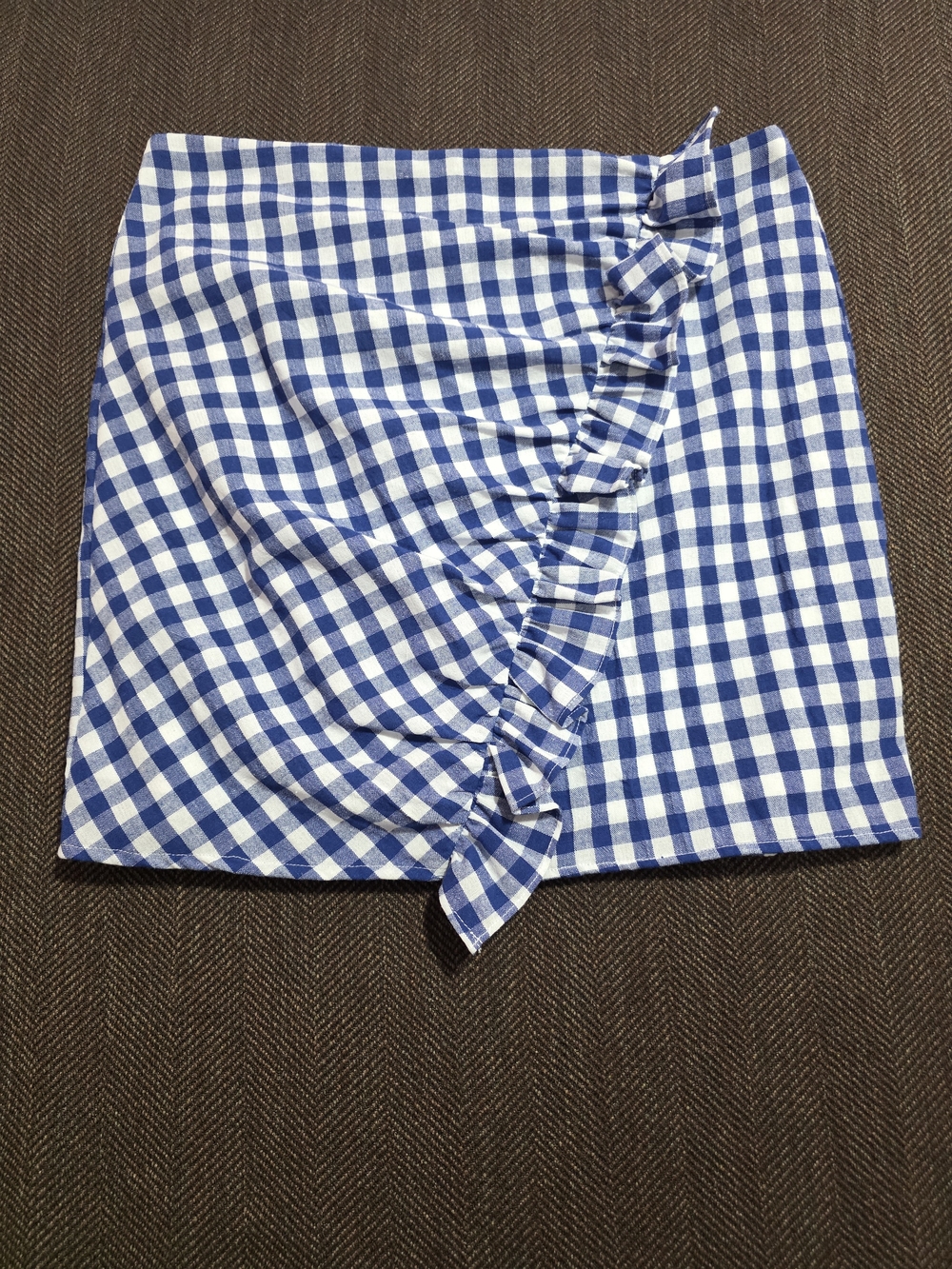 The Impeccable Pig Blue and White Gingham Ruffle Mini Skirt